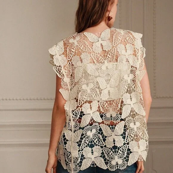 Beige Casual Women's Casual Butterfly Hollow Out Irregular Sleeveless Cover Up - Picture 4 of 6